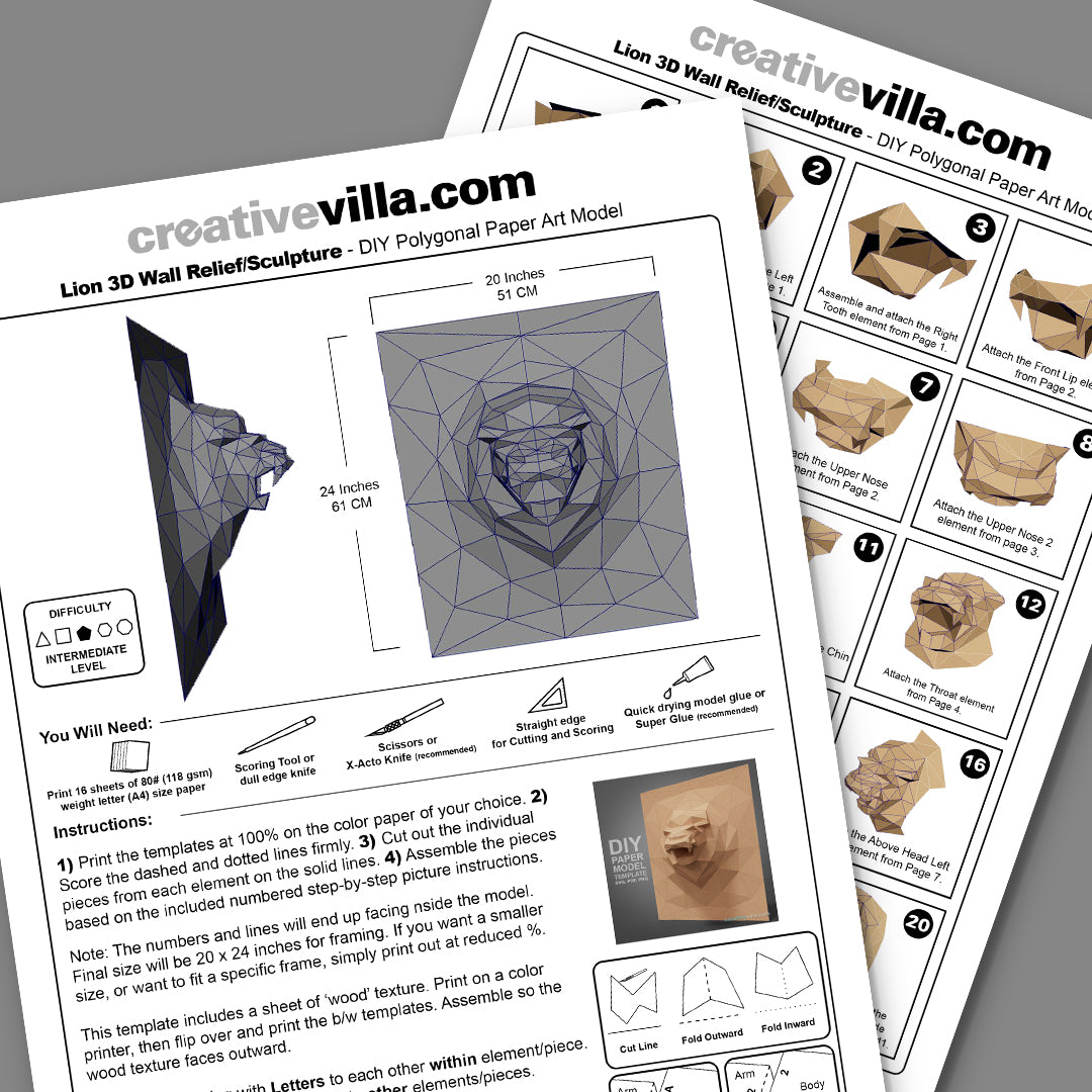 Lion 3D Relief Wall Sculpture DIY Low Poly Paper Model Template, Paper Craft
