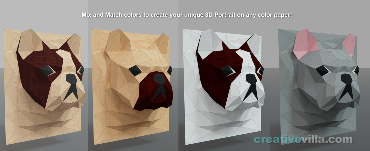 French BullDog 3D Portrait Wall Sculpture DIY Low Poly Paper Model Template, Paper Craft