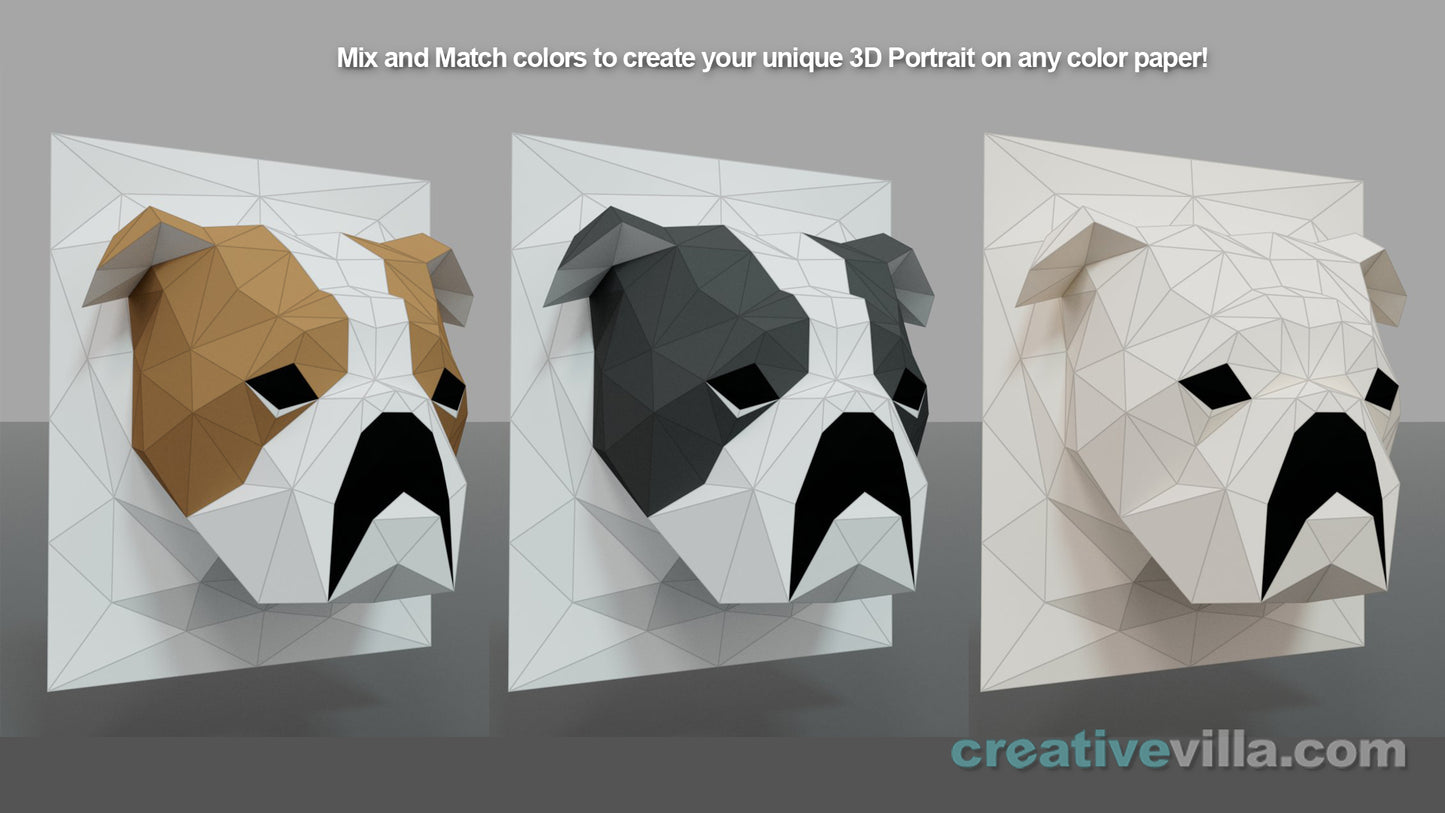 English Bulldog 3D Portrait Wall Sculpture DIY Low Poly Paper Model Template, Paper Craft