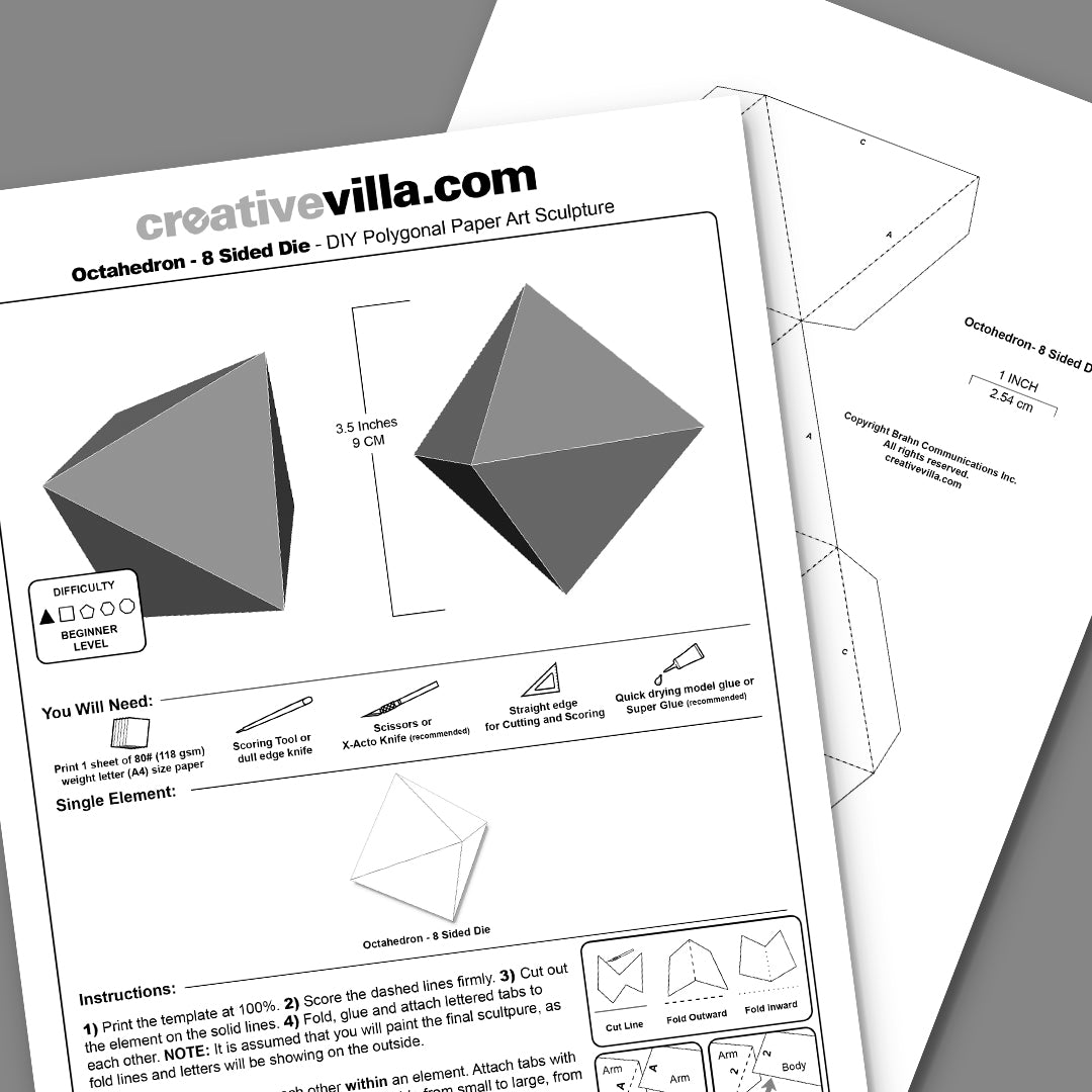 Octahedron - 8 Sided Die DIY Low Poly Paper Model Template, Paper Craft