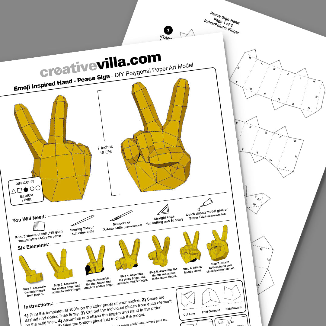 Emoji inspired Hand - Peace Sign - Victory - DIY Low Poly Paper Model Template, Paper Craft