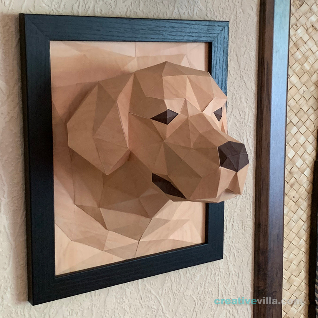 Golden Retriever Dog 3D Portrait Wall Sculpture DIY Low Poly Paper Model Template, Paper Craft