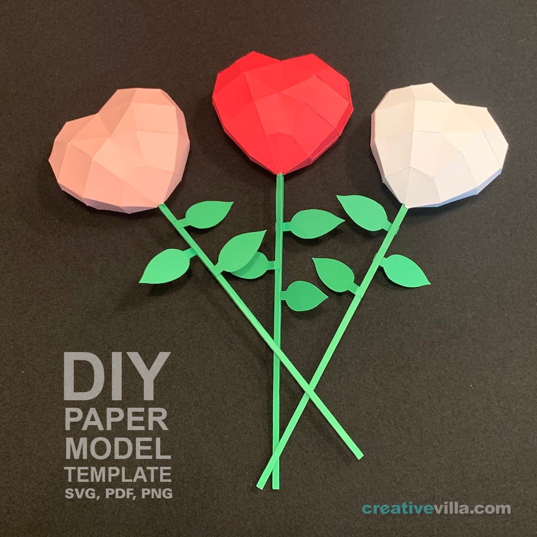 Simple Heart DIY Low Poly Paper Model Template with optional Stem and Leaves template, Paper Craft Active