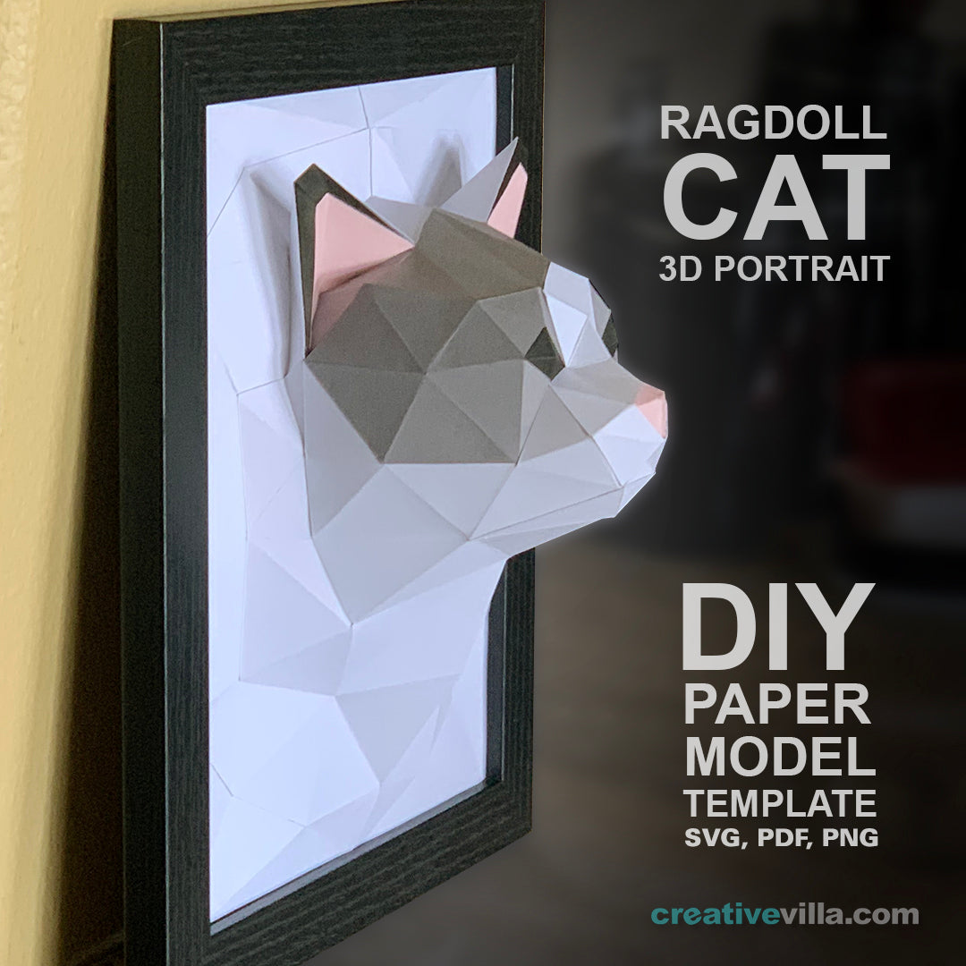 Ragdoll Cat 3D Portrait Wall Sculpture DIY Low Poly Paper Model Template, Paper Craft