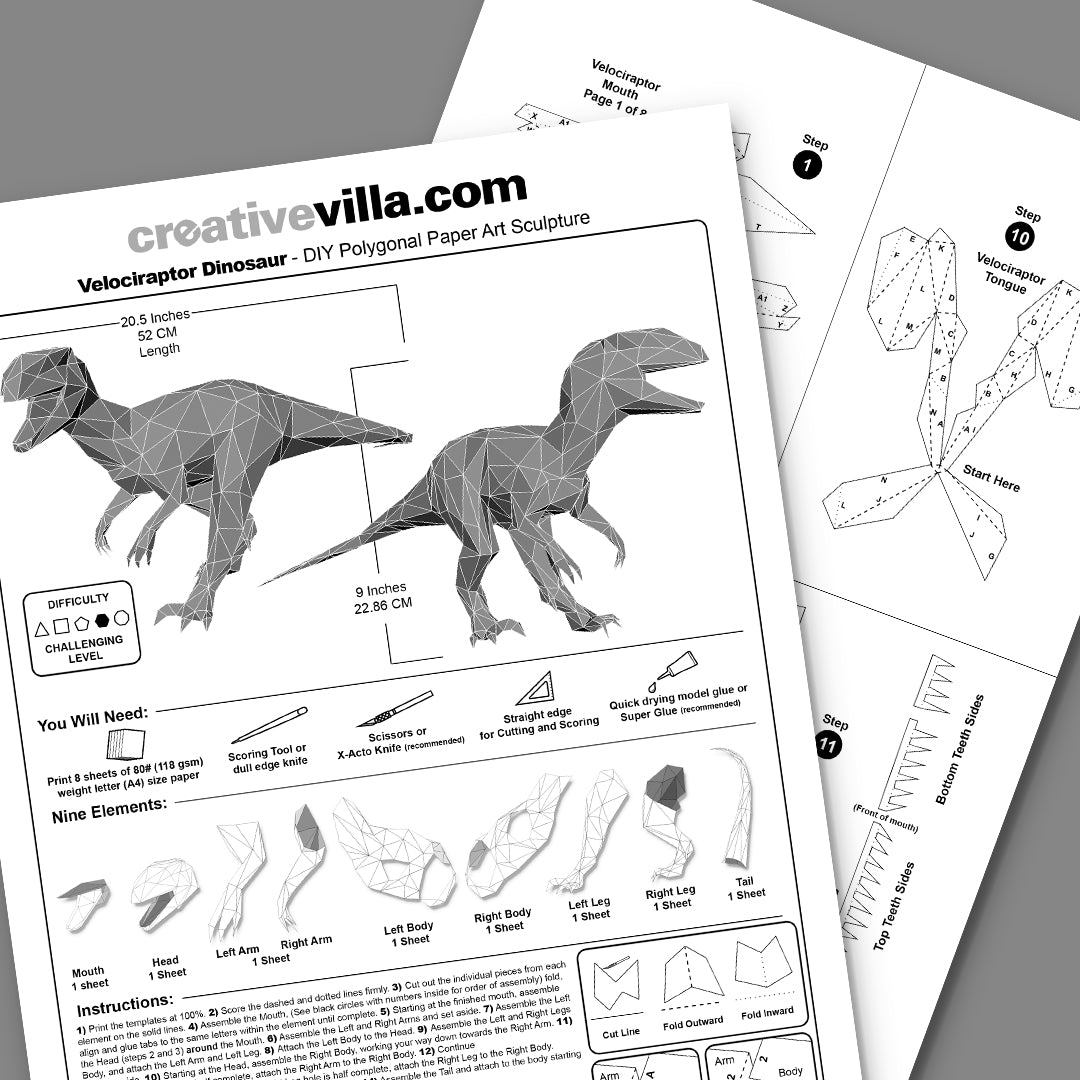 Velociraptor Dinosaur DIY Low Poly Paper Model Template, Paper Craft