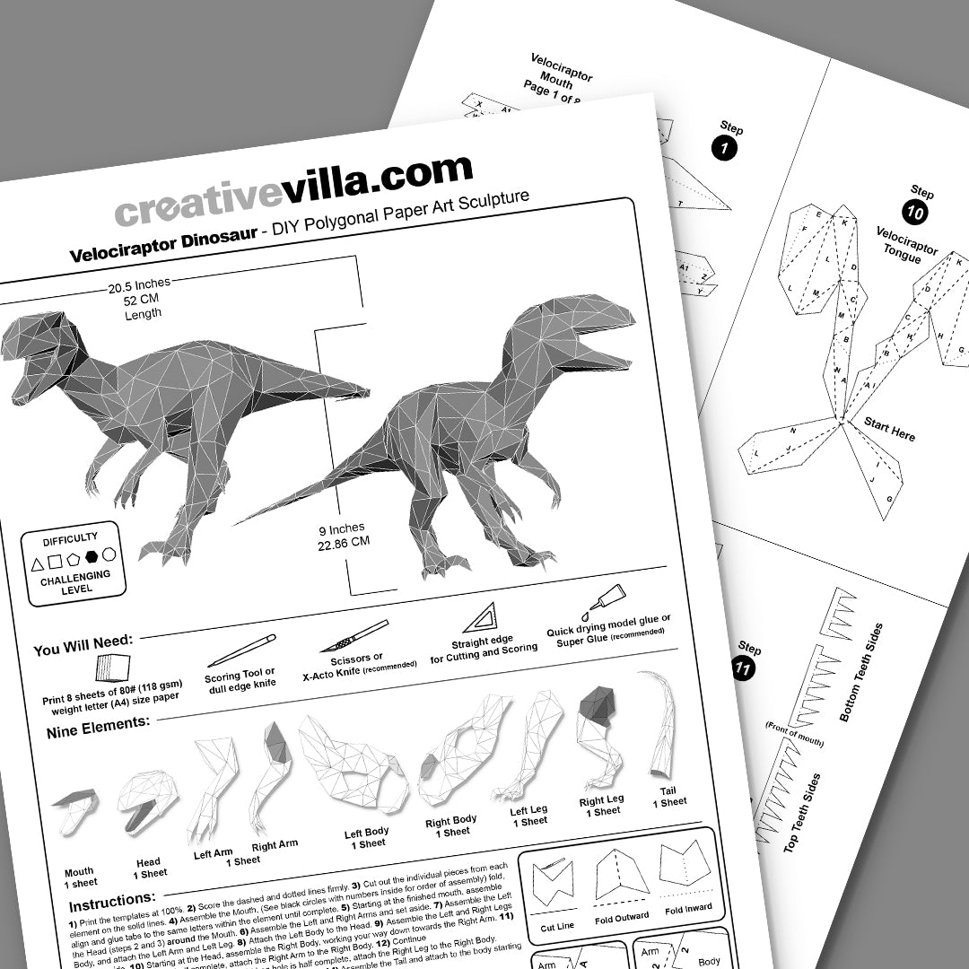 Velociraptor Dinosaur DIY Low Poly Paper Model Template, Paper Craft