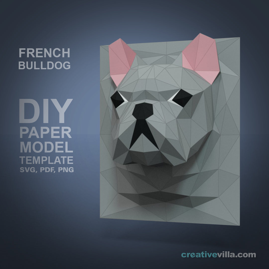 French BullDog 3D Portrait Wall Sculpture DIY Low Poly Paper Model Template, Paper Craft