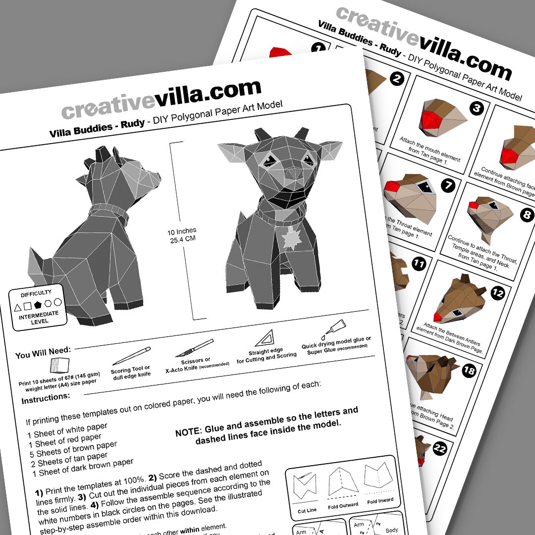 Villa Buddy - Rudy Reindeer - DIY Low Poly Paper Model Template, Paper Craft