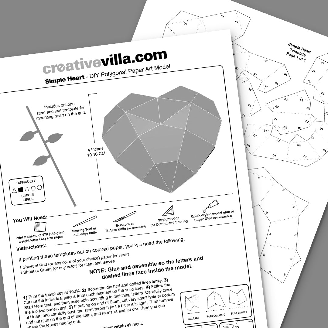 Simple Heart DIY Low Poly Paper Model Template with optional Stem and Leaves template, Paper Craft Active