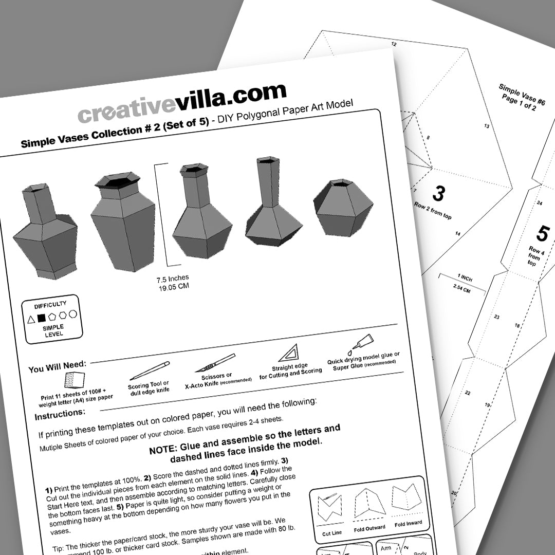 Simple Vases Collection #2 (sets 6-10) DIY Low Poly Paper Model Template, Paper Craft