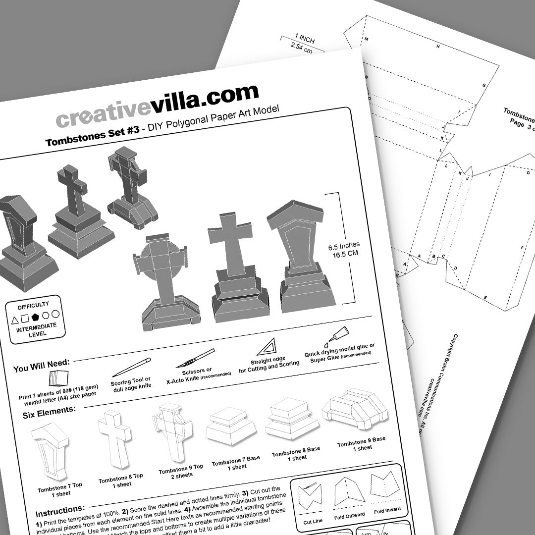 Tombstones Set 3 DIY Low Poly Paper Model Template, Paper Craft
