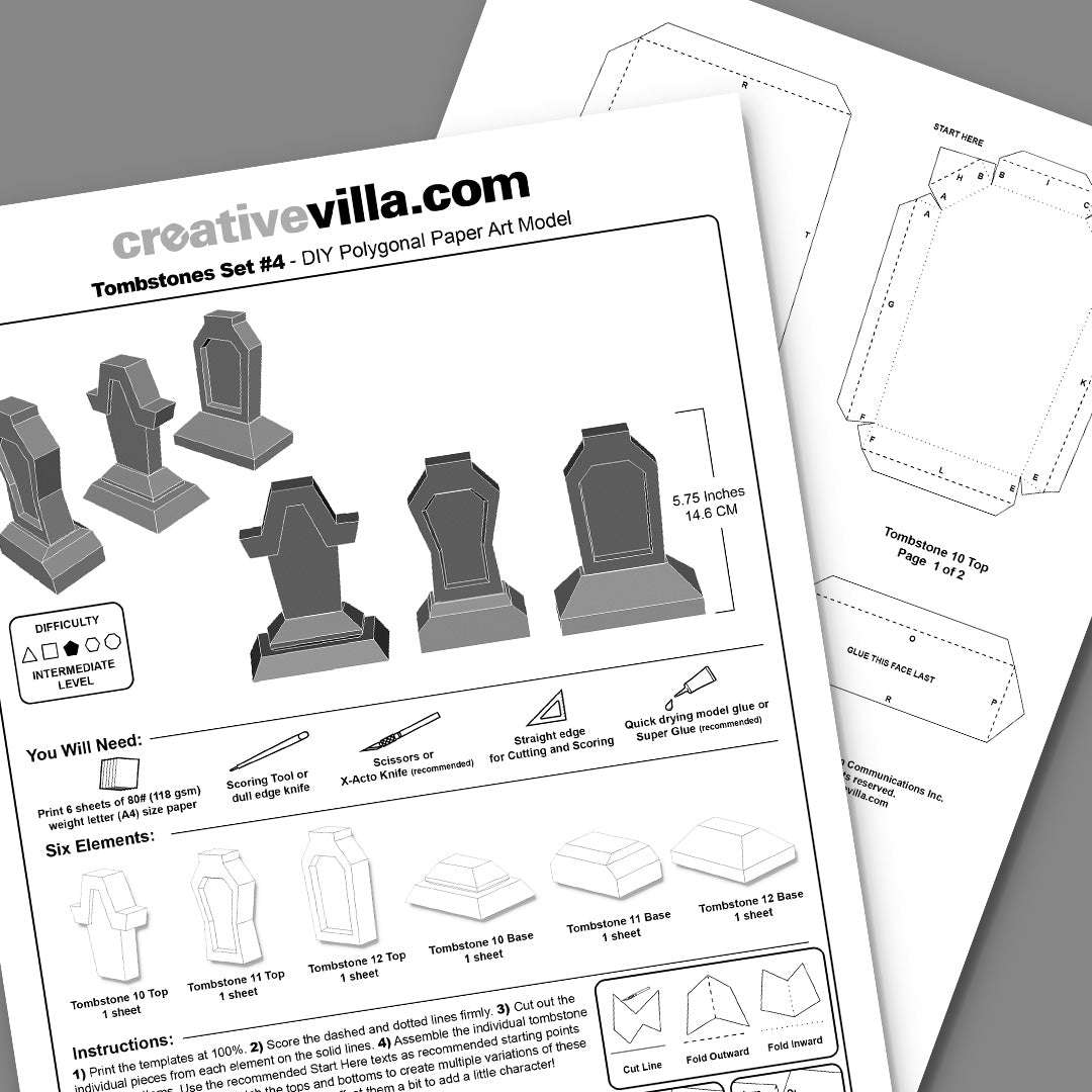 Tombstones Set 4 DIY Low Poly Paper Model Template, Paper Craft