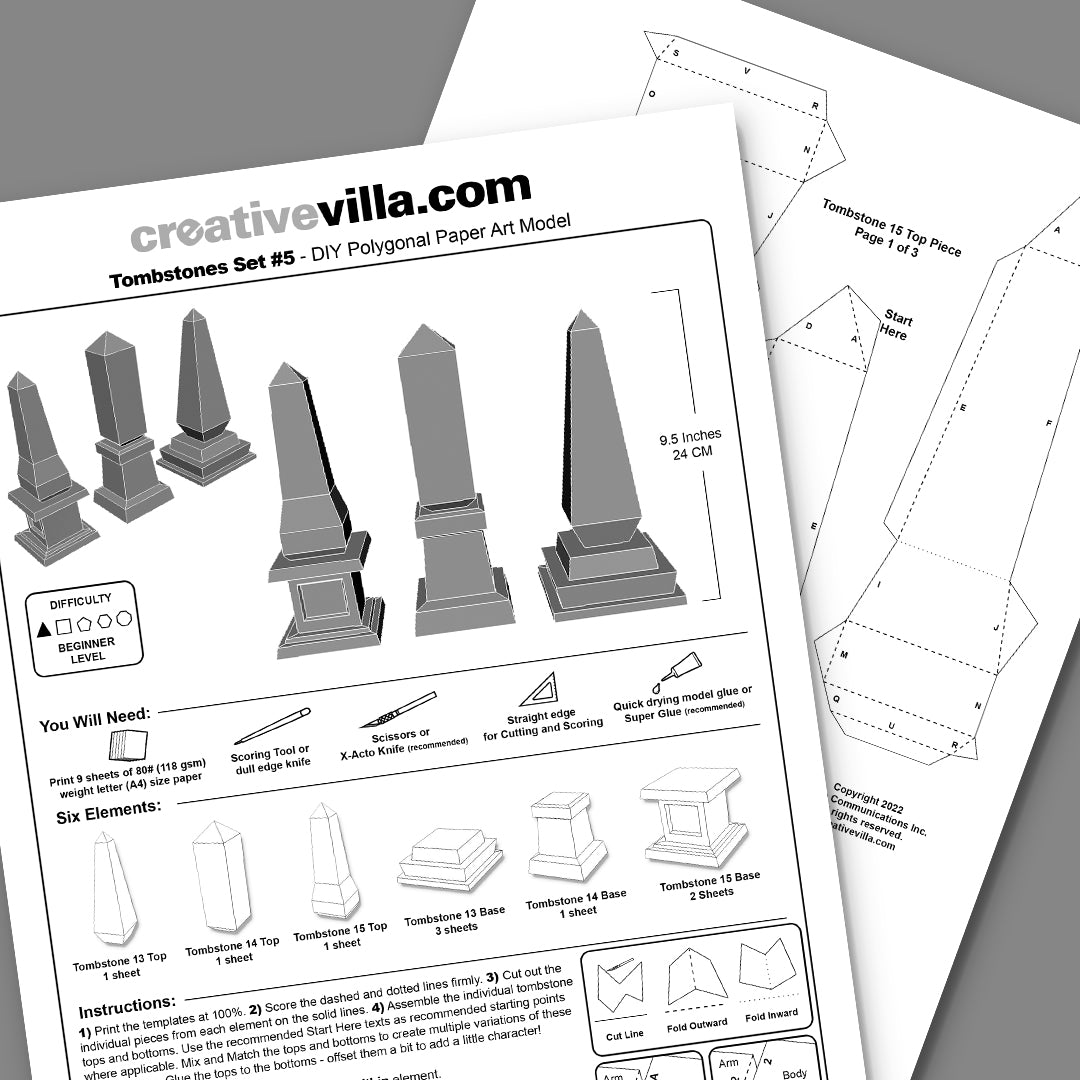 Tombstones Set 5 DIY Low Poly Paper Model Template, Paper Craft