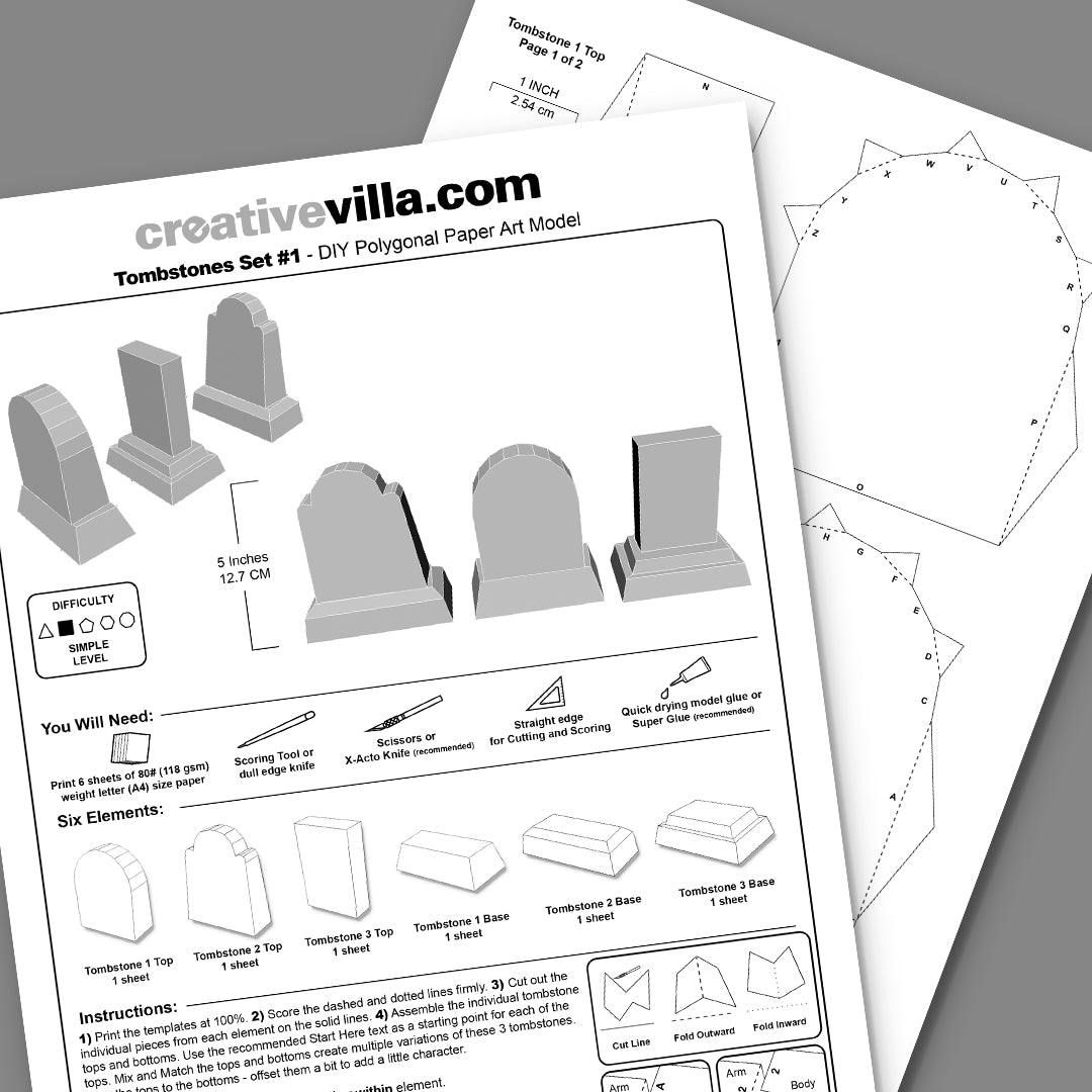 Tombstones Set 1 DIY Low Poly Paper Model Template, Paper Craft