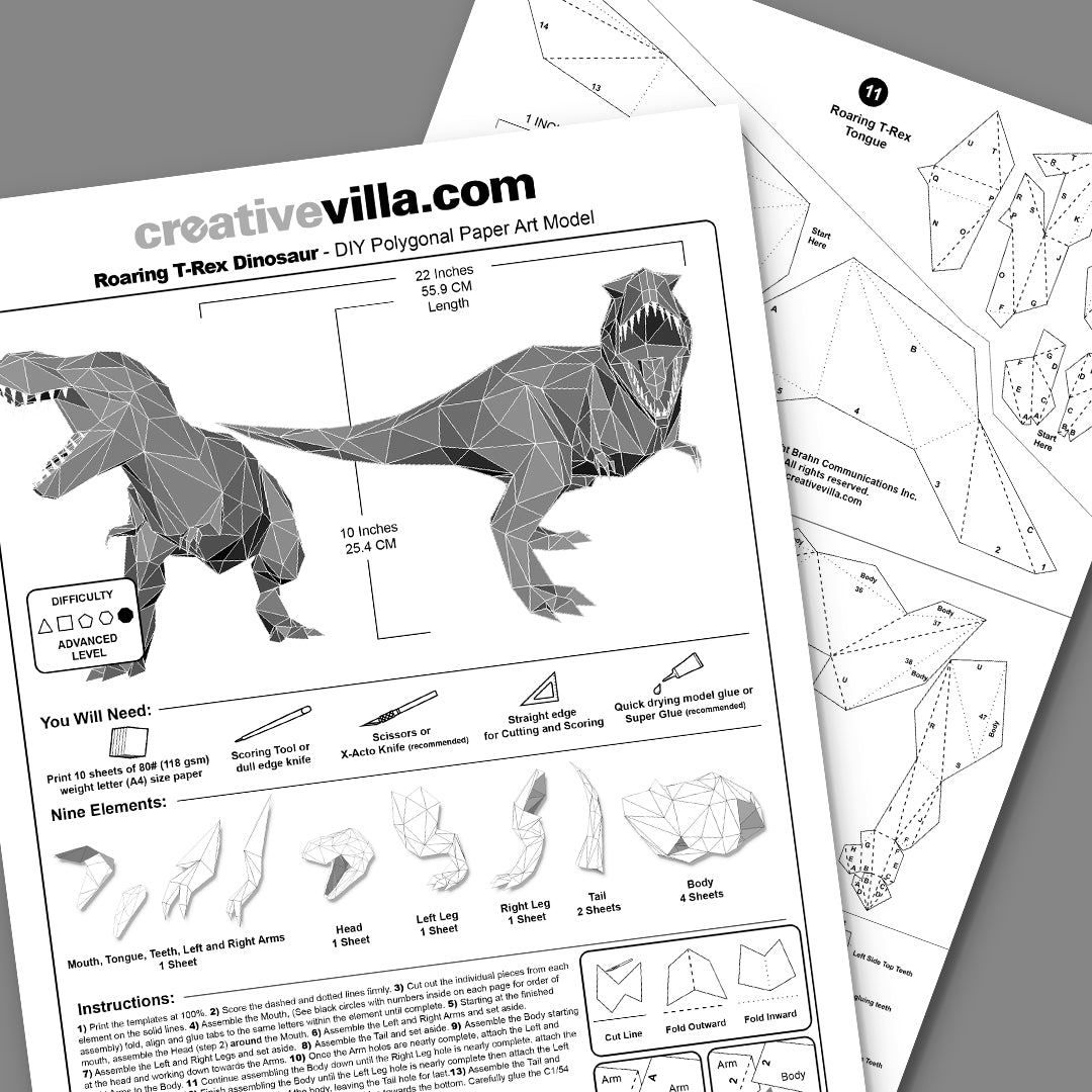 Roaring Trex Dinosaur DIY Low Poly Paper Model Template, Paper Craft, t-rex