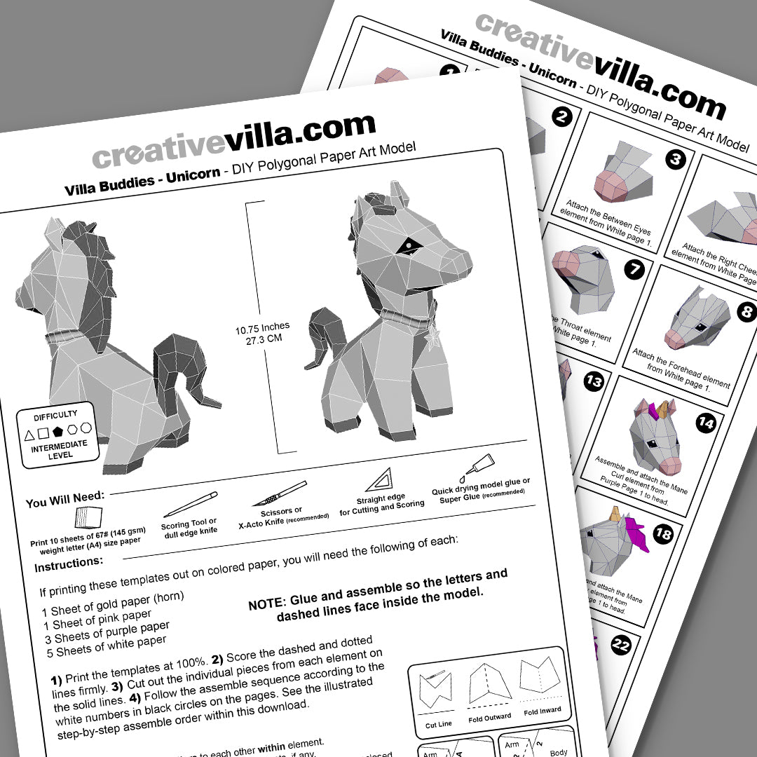 Villa Buddy - Unicorn - DIY Low Poly Paper Model Template, Paper Craft