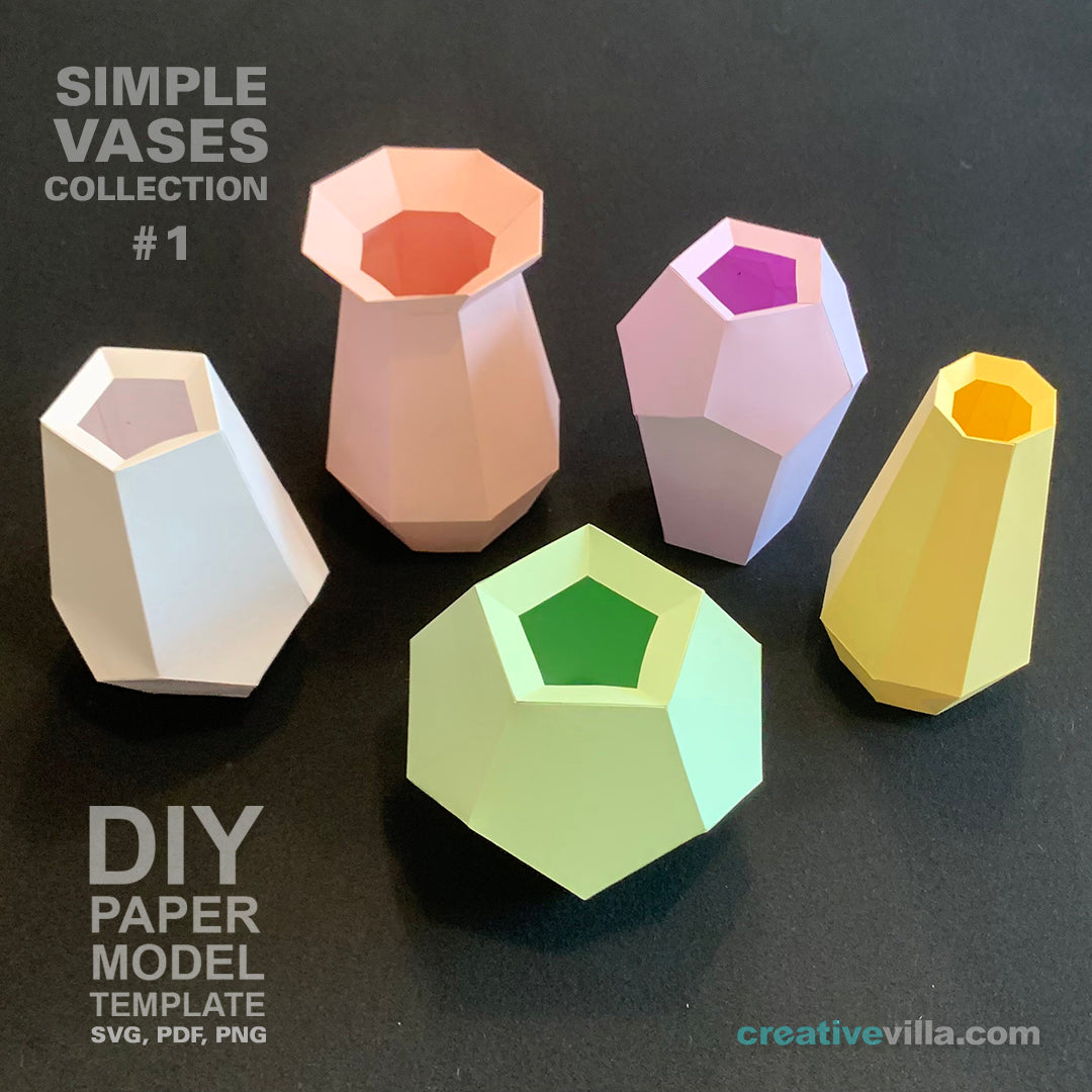 Simple Vases Bundle DIY Low Poly Paper Model Template, Paper Craft