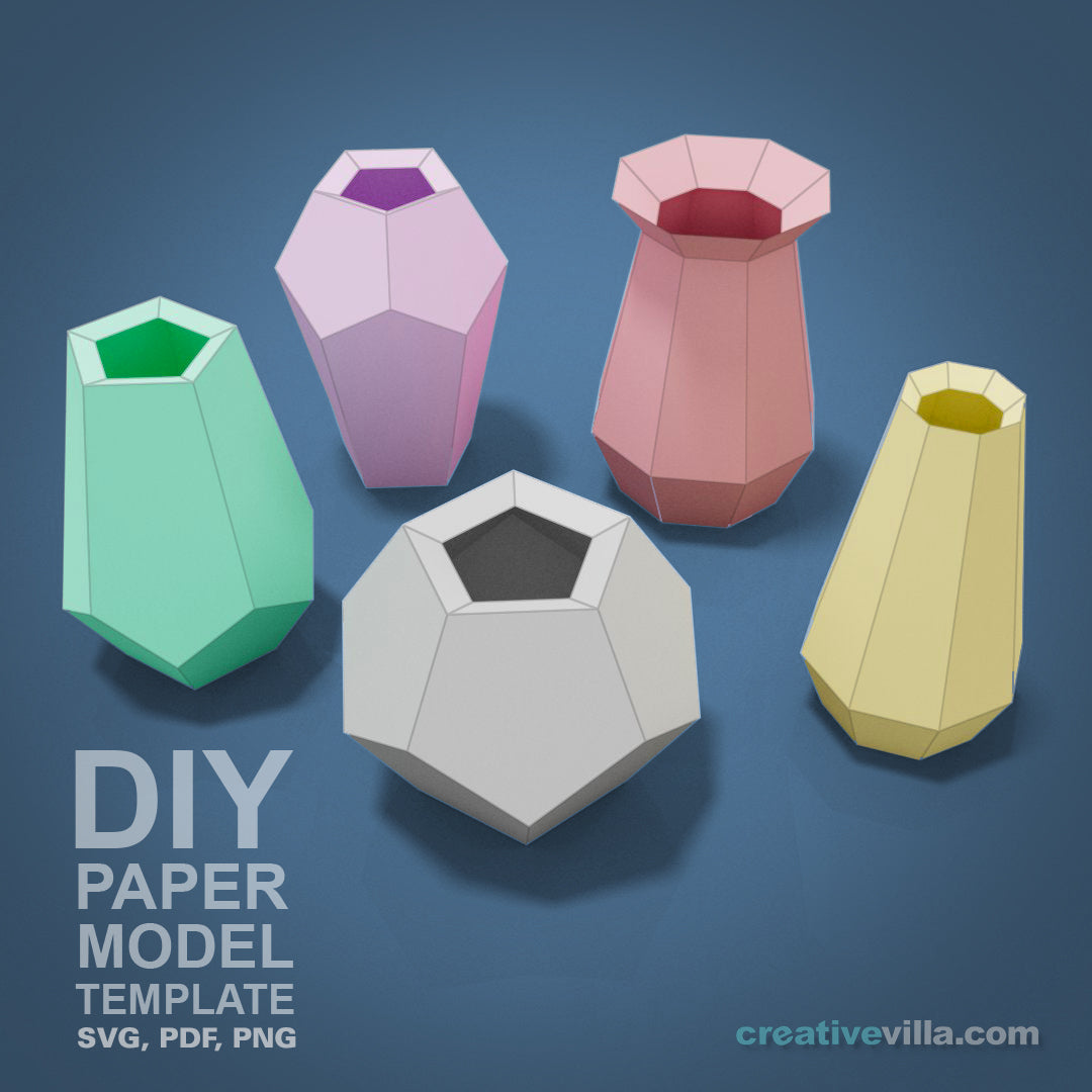 Simple Vases Bundle DIY Low Poly Paper Model Template, Paper Craft