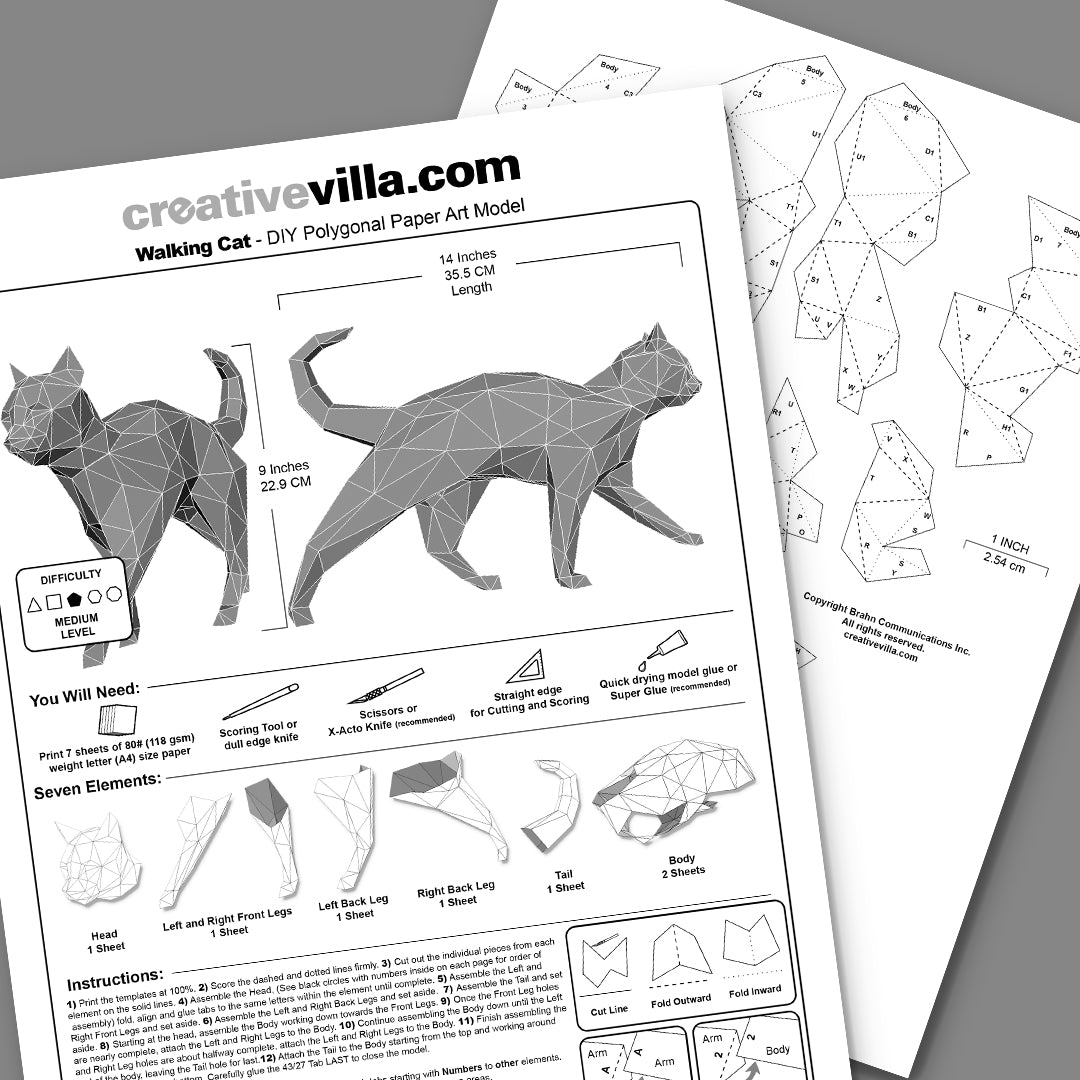 Walking Cat Model DIY Low Poly Paper Model Template, Paper Craft