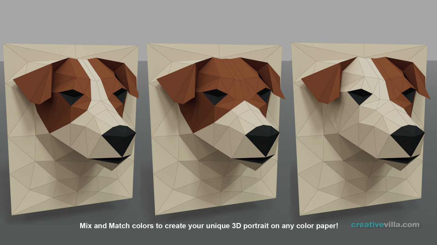 Jack Russel Dog 3D Portrait Wall Sculpture DIY Low Poly Paper Model Template, Paper Craft