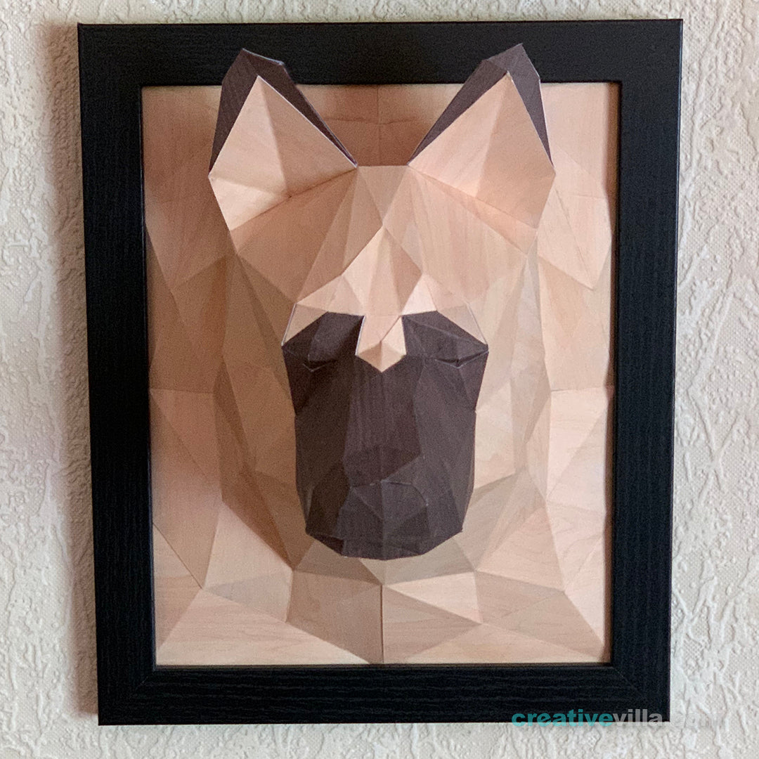 German Shepherd Dog 3D Portrait Wall Sculpture DIY Low Poly Paper Model Template, Paper Craft