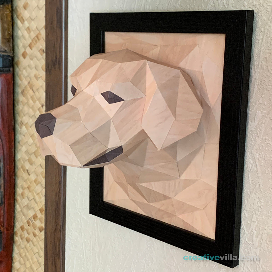 Golden Retriever Dog 3D Portrait Wall Sculpture DIY Low Poly Paper Model Template, Paper Craft