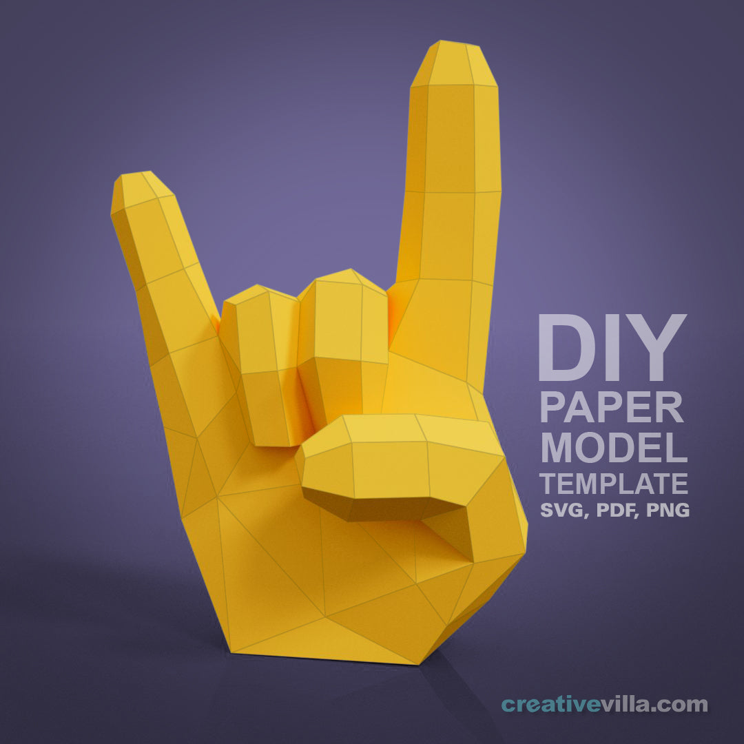 Emoji inspired Hand - Rock On! - DIY Low Poly Paper Model Template, Paper Craft
