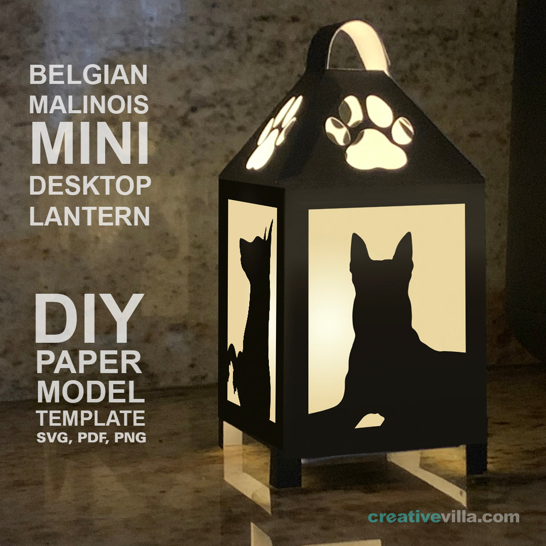Belgium Malinois Mini Desktop Lantern DIY Low Poly Paper Model Template, Cricut Paper Craft