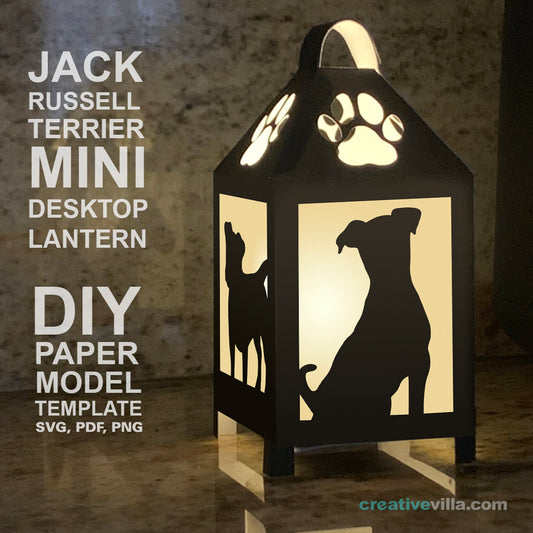 Jack Russell Terrier Dog Mini Desktop Lantern DIY Low Poly Paper Model Template, Cricut Paper Craft