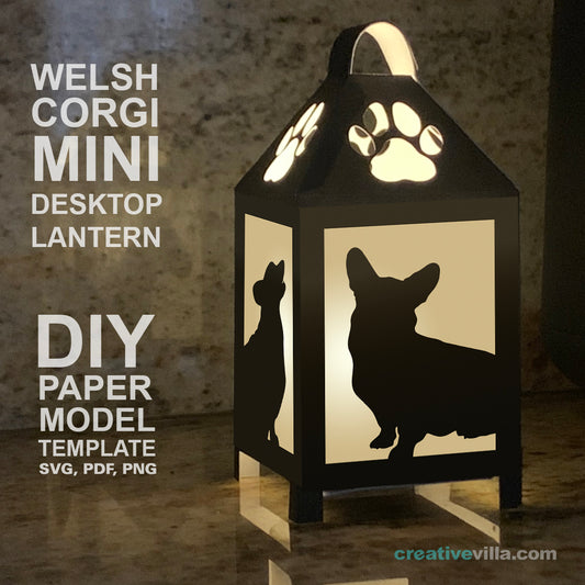 Welsh Corgi Dog Mini Desktop Lantern DIY Low Poly Paper Model Template, Cricut Paper Craft