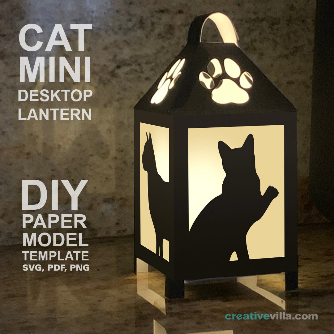 Cat Mini Desktop Lantern DIY Low Poly Paper Model Template, Cricut Paper Craft