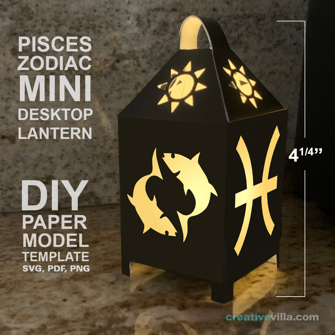 Pisces Zodiac Mini Desktop Lantern DIY Low Poly Paper Model Template, Cricut Paper Craft