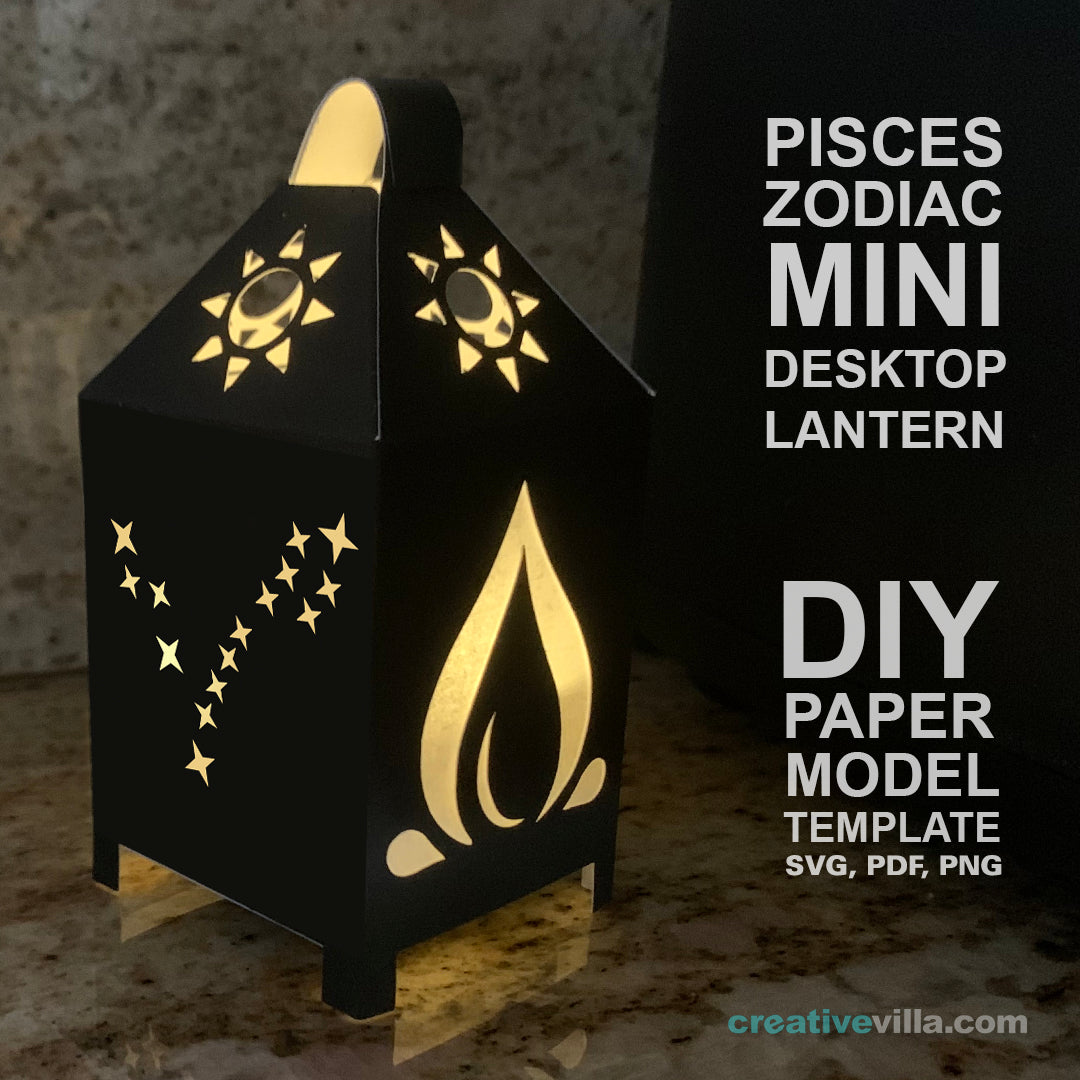 Pisces Zodiac Mini Desktop Lantern DIY Low Poly Paper Model Template, Cricut Paper Craft