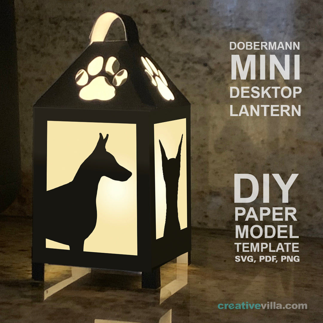 Dobermann Mini Desktop Lantern DIY Low Poly Paper Model Template, Cricut Paper Craft