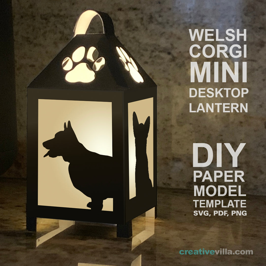 Welsh Corgi Dog Mini Desktop Lantern DIY Low Poly Paper Model Template, Cricut Paper Craft