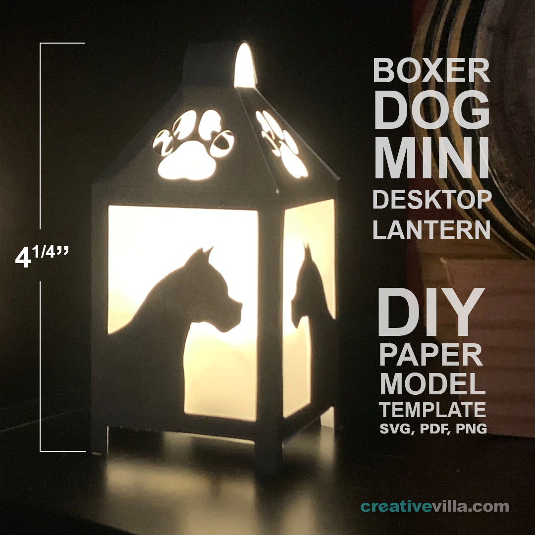 Boxer Dog Mini Desktop Lantern DIY Low Poly Paper Model Template, Cricut Paper Craft