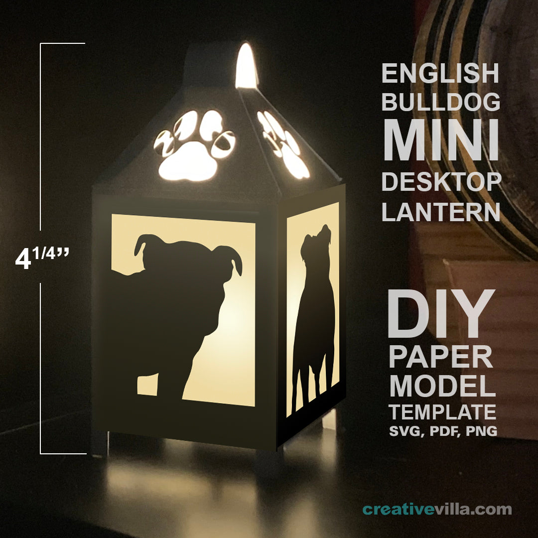 English Bulldog Mini Desktop Lantern DIY Low Poly Paper Model Template, Cricut Paper Craft