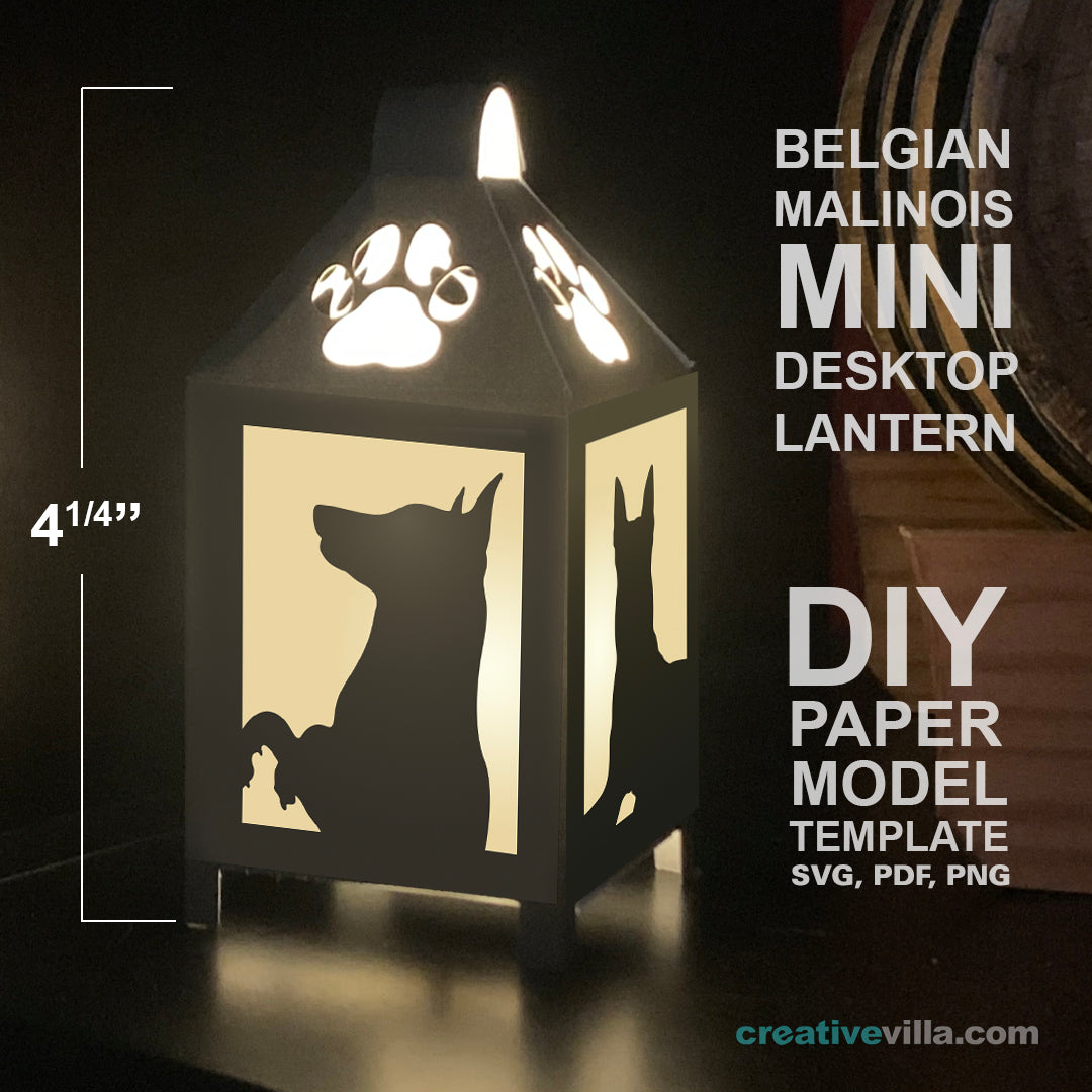 Belgium Malinois Mini Desktop Lantern DIY Low Poly Paper Model Template, Cricut Paper Craft