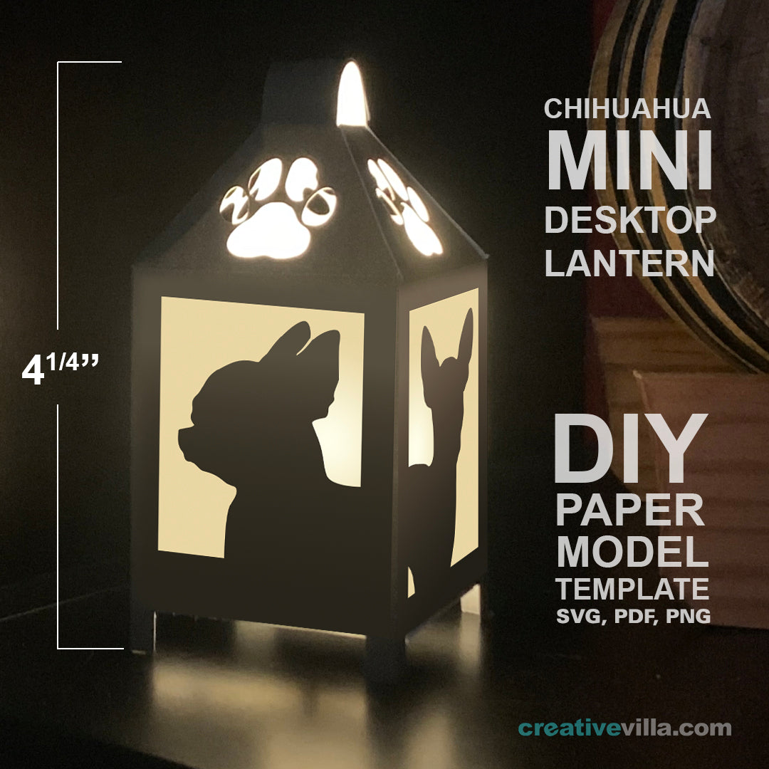 Chihuahua Mini Desktop Lantern DIY Low Poly Paper Model Template, Cricut Paper Craft