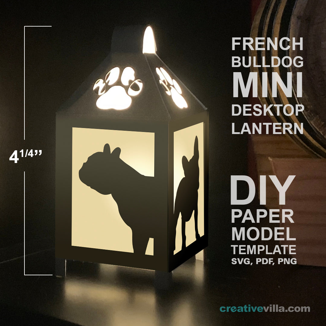 French Bulldog Mini Desktop Lantern DIY Low Poly Paper Model Template, Cricut Paper Craft
