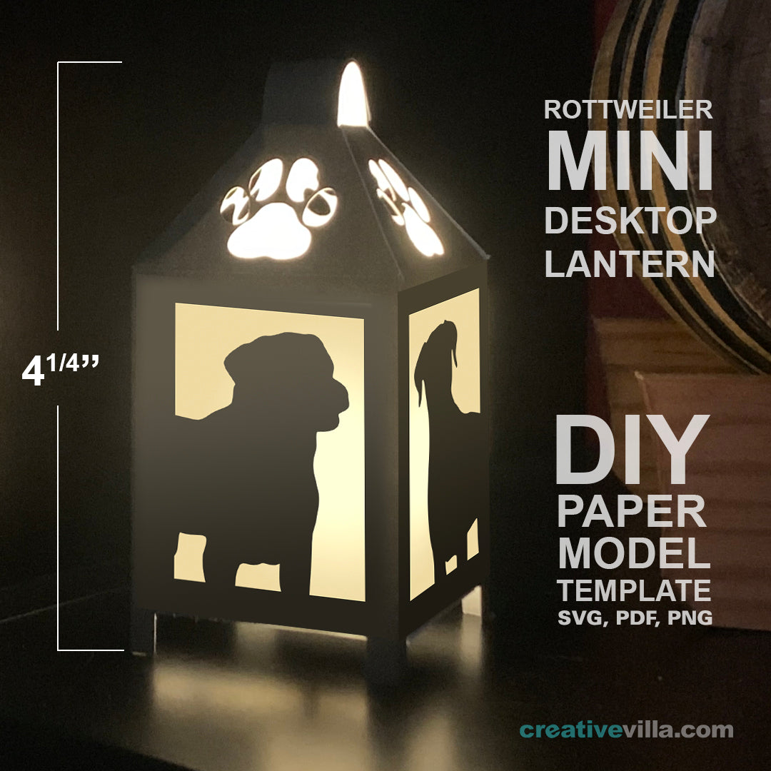 Rottweiler Dog Mini Desktop Lantern DIY Low Poly Paper Model Template, Cricut Paper Craft