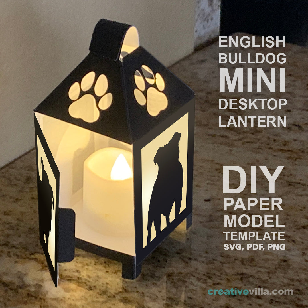 English Bulldog Mini Desktop Lantern DIY Low Poly Paper Model Template, Cricut Paper Craft