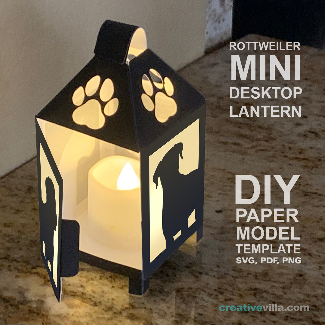 Rottweiler Dog Mini Desktop Lantern DIY Low Poly Paper Model Template, Cricut Paper Craft
