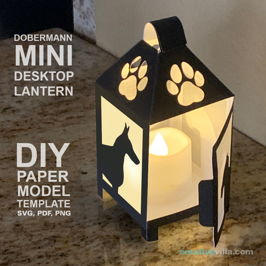 Dobermann Mini Desktop Lantern DIY Low Poly Paper Model Template, Cricut Paper Craft