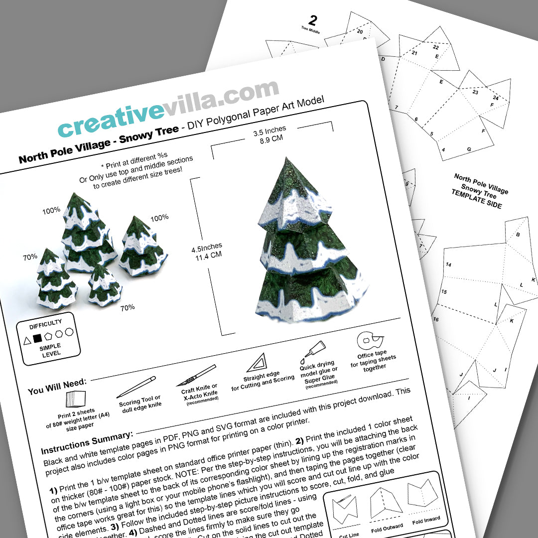 North Pole Village - Snowy Tree - DIY Polygonal Paper Art Model Template, Paper Craft