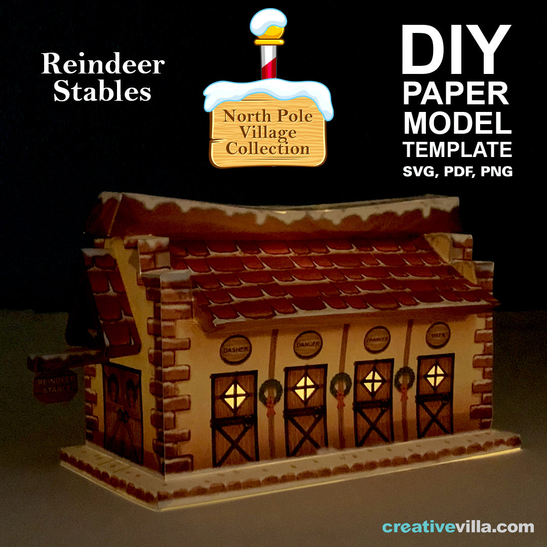 North Pole Village - Reindeer Stables - DIY Polygonal Paper Art Model Template, Paper Craft