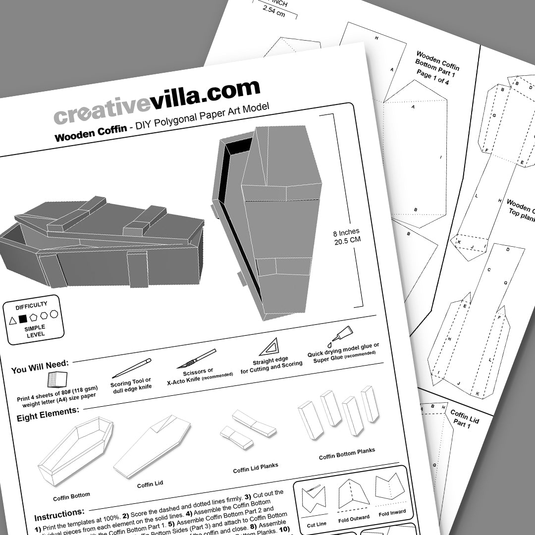 Wooden Coffin DIY Low Poly Paper Model Template, Paper Craft