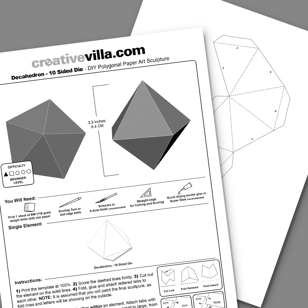 Decahedron - 10 Sided Dice DIY Low Poly Paper Model Template, Paper Craft