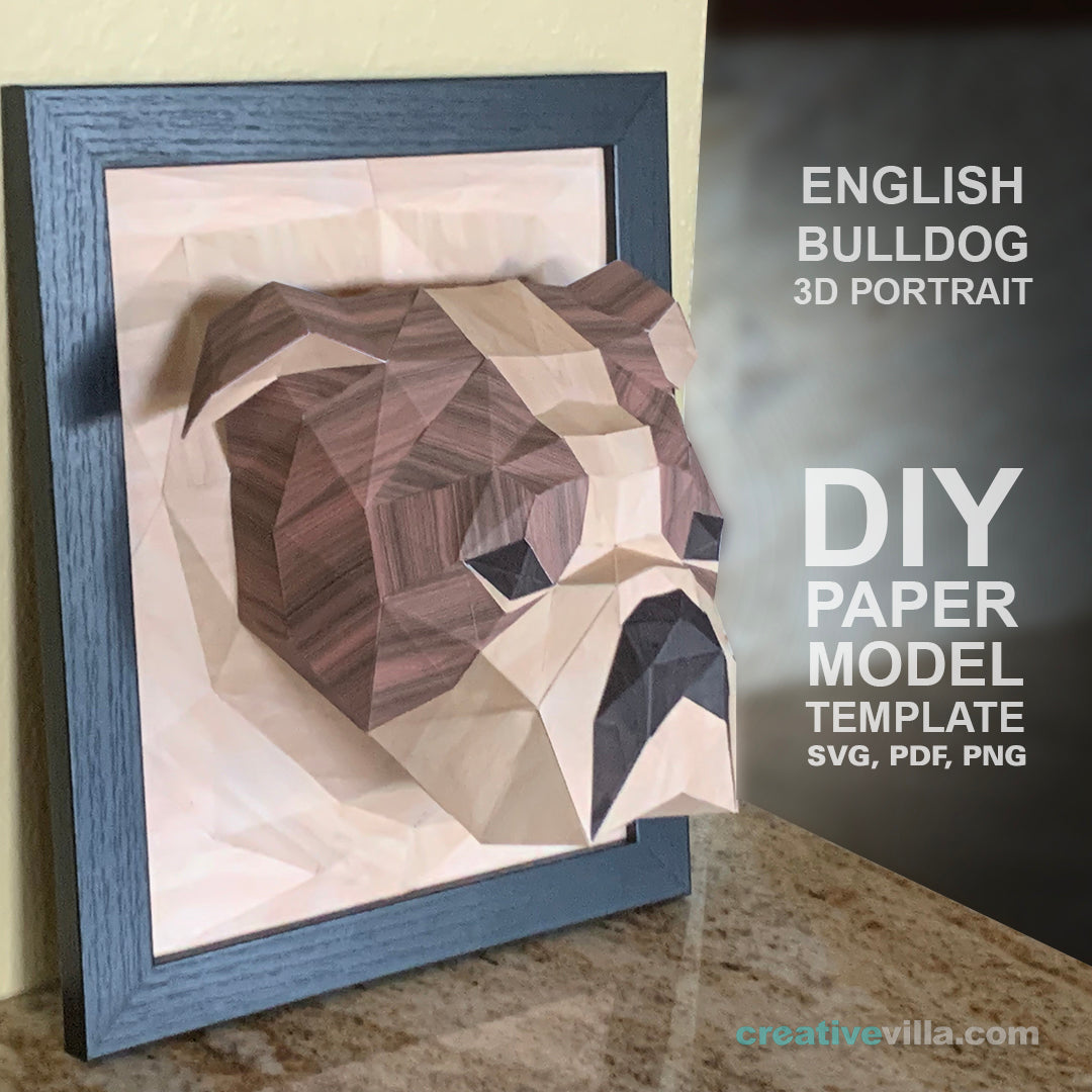 English Bulldog 3D Portrait Wall Sculpture DIY Low Poly Paper Model Template, Paper Craft