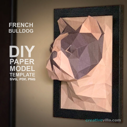 French BullDog 3D Portrait Wall Sculpture DIY Low Poly Paper Model Template, Paper Craft